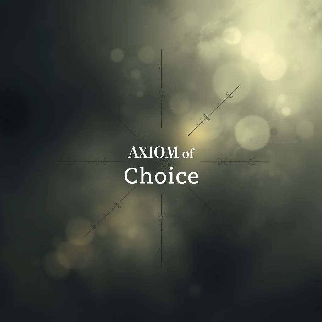 The image features the title "AXIOM of Choice" with abstract geometric lines and bokeh light effects in the background, symbolizing the concept of selecting elements from an infinite collection of sets.
