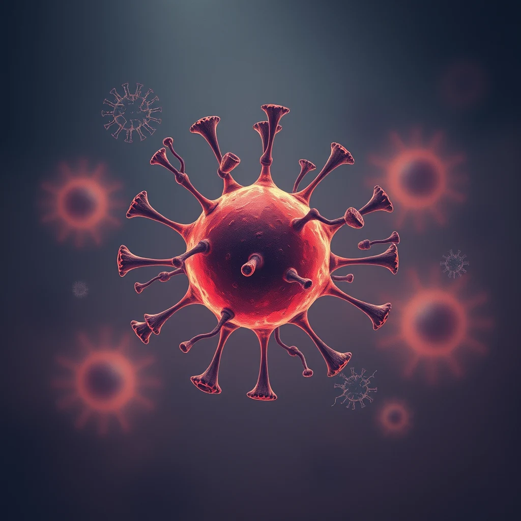 The image depicts a detailed illustration of a virus particle with multiple protrusions, set against a dark background with additional virus particles in soft focus.