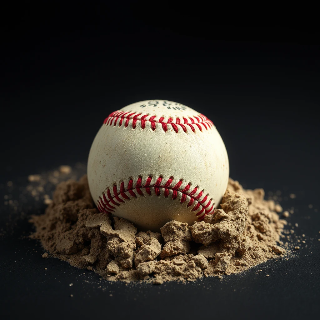 A baseball rests on a mound of fine, clay-like mud, with red stitching visible against the white leather surface.