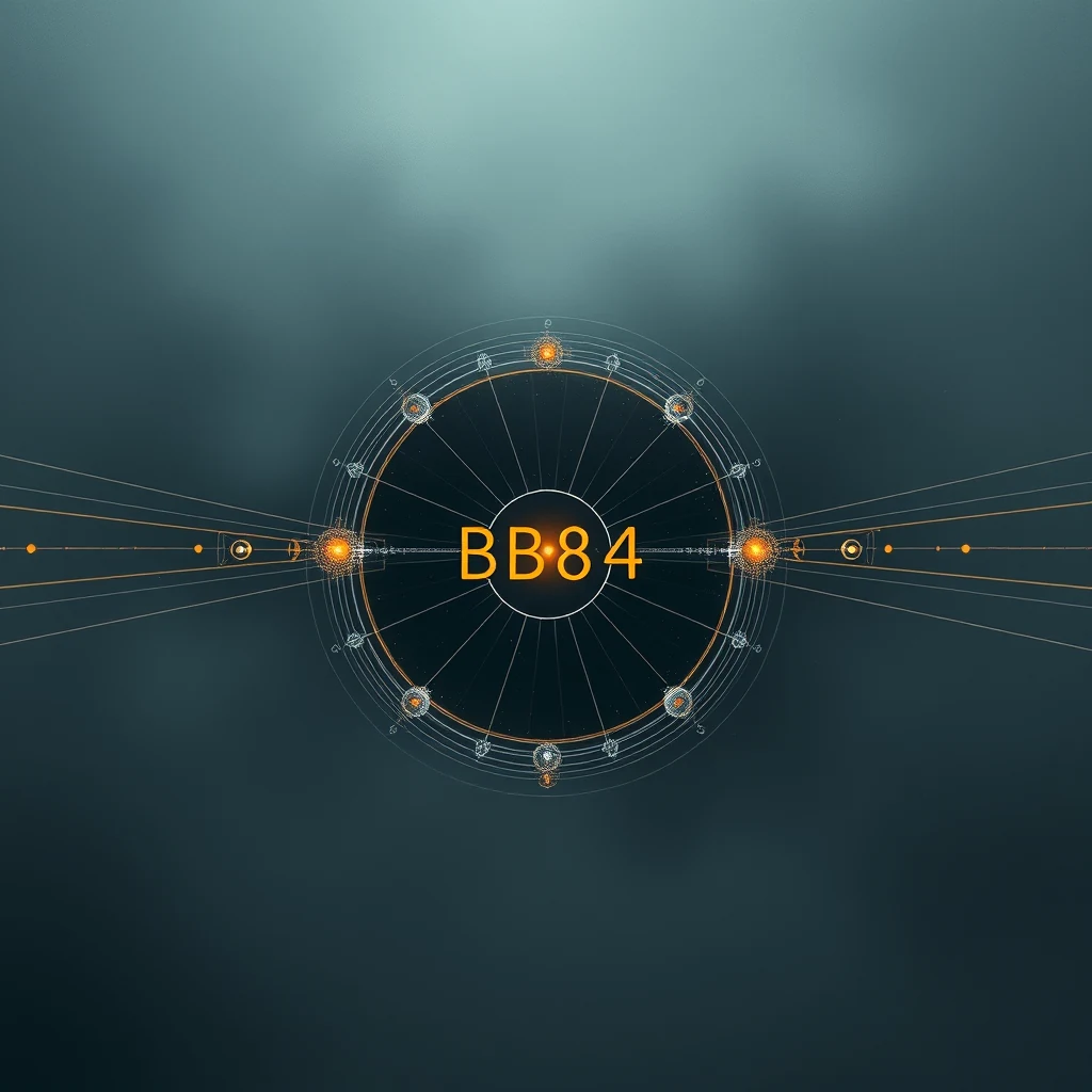 The image illustrates the BB84 protocol, a foundational quantum key distribution scheme proposed by Charles Bennett and Gilles Brassard in 1984, featuring a central circle with radiating lines and illuminated nodes symbolizing the exchange of polarized photons between two parties.