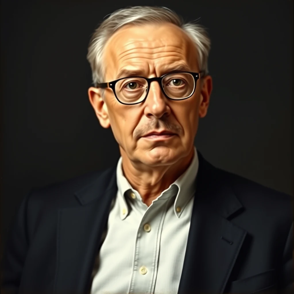 A man wearing glasses and a suit jacket over a button-up shirt stands against a dark background, looking directly at the camera.