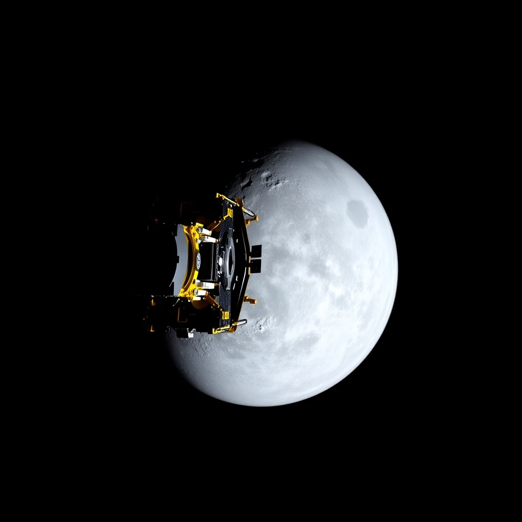 A spacecraft, BepiColombo, is shown in close proximity to the moon against a dark background.