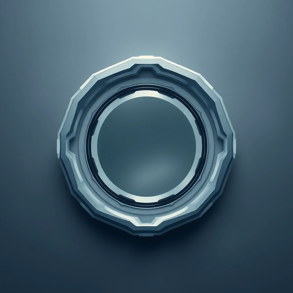 A circular, metallic object with a geometric, octagonal outer frame and a smooth, reflective interior, set against a gradient background.