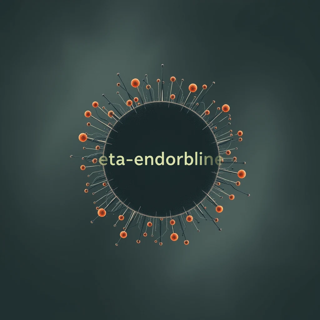 A circular structure with numerous orange spheres connected by thin filaments radiates outward against a dark background, symbolizing beta-endorphin, an opioid peptide.