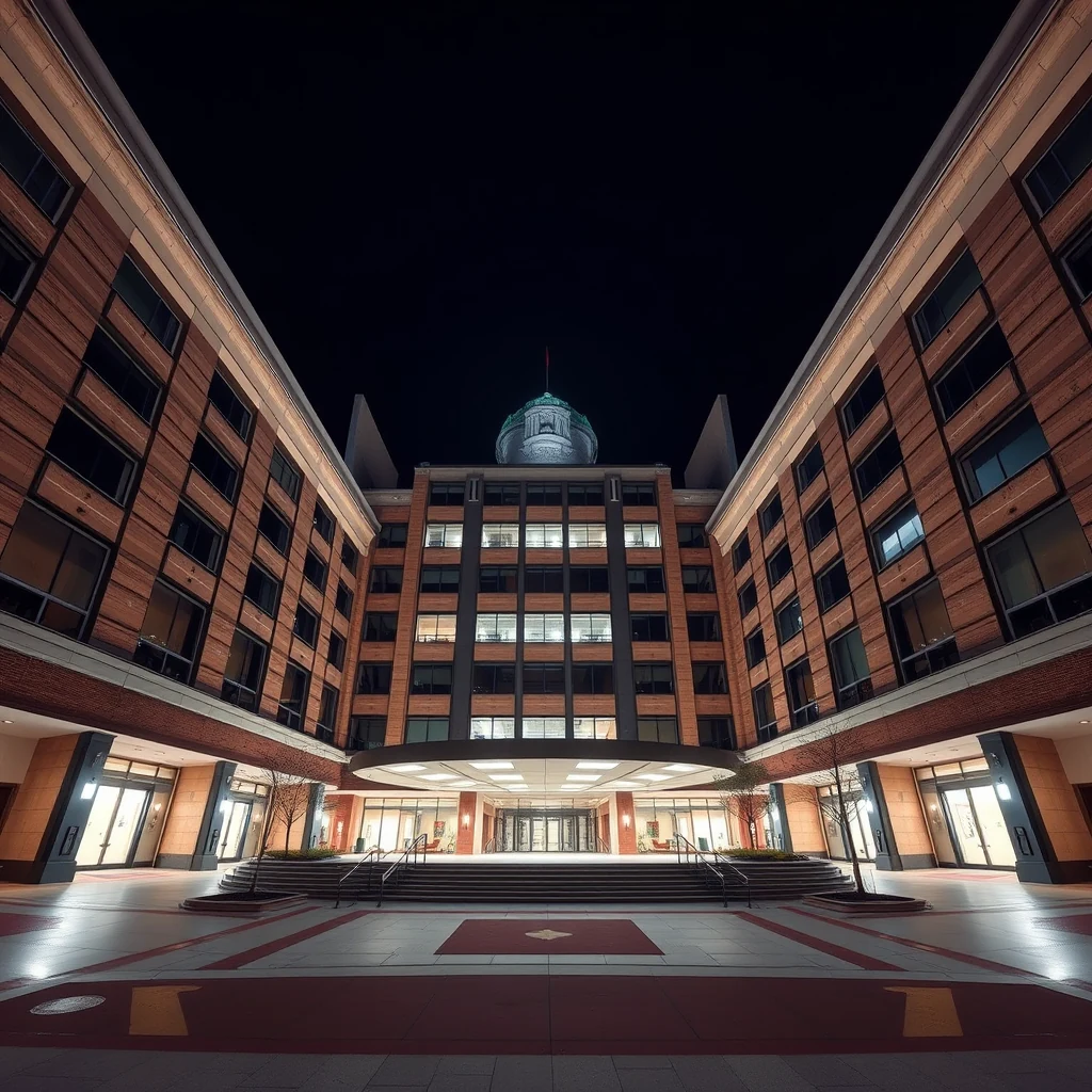 A nighttime view of the Beth Israel Deaconess Medical Center, featuring illuminated windows and a central dome structure, with a spacious courtyard leading up to the entrance.