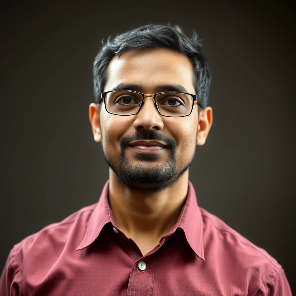 A man with short dark hair and glasses wears a maroon button-up shirt against a dark background.