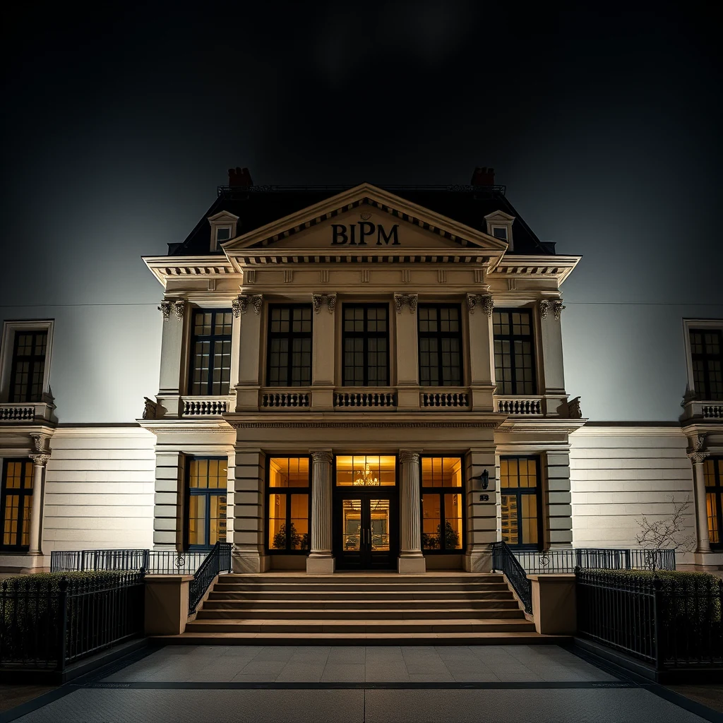 A grand, illuminated building with the acronym "BIPM" prominently displayed on its facade stands under a dark sky, showcasing classical architectural details and warm interior lighting.
