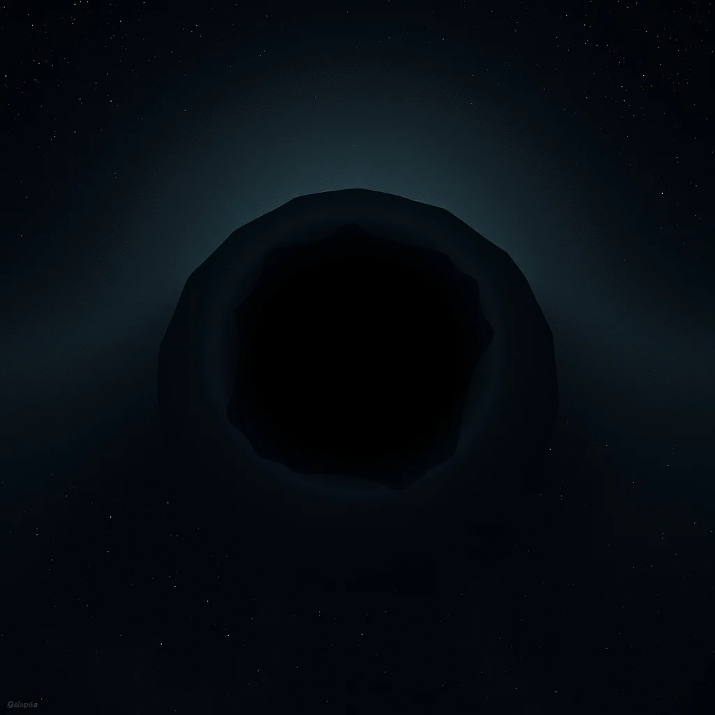 A dark, irregularly shaped object resembling a black hole or a perfect absorber of radiation, set against a starry night sky, symbolizing an idealized concept in physics.