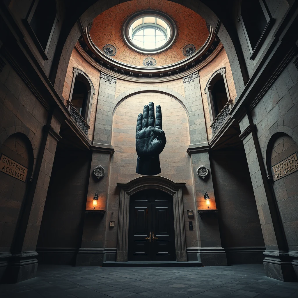 A grand, dimly lit interior features a large black hand sculpture above a double door, with ornate architectural details and a skylight illuminating the space.