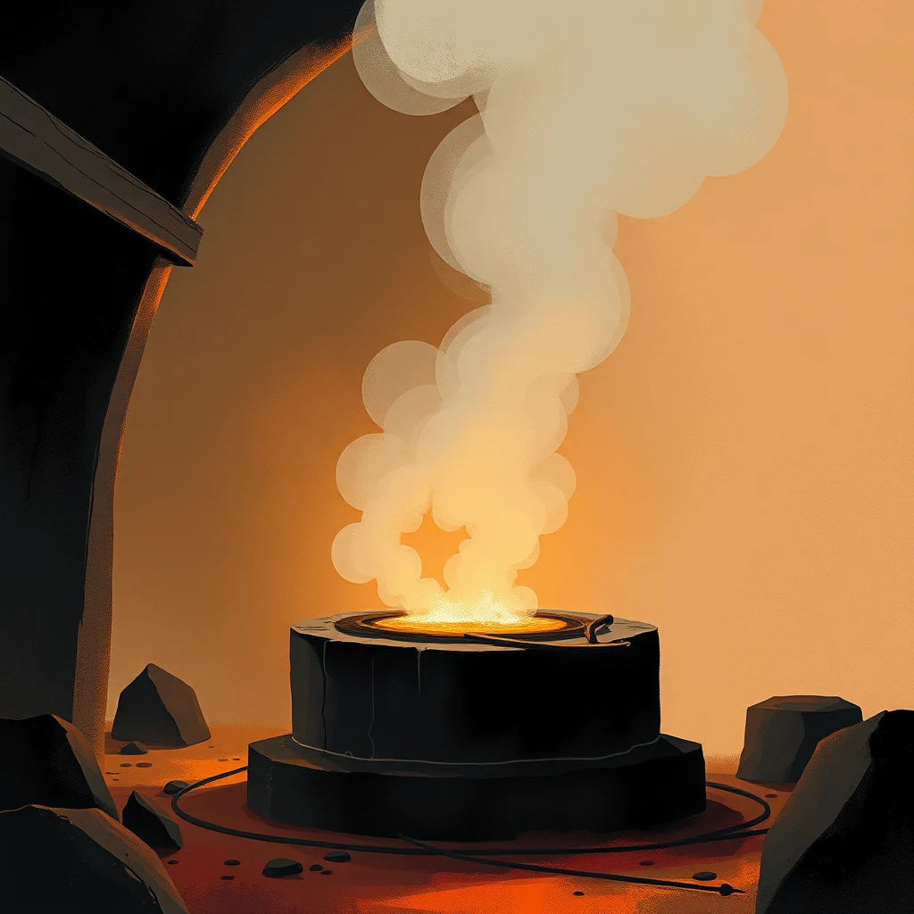 A glowing star-shaped bloom emerges from a dark, circular furnace, surrounded by smoke and rocks, illustrating a pre-industrial iron-smelting process known as a bloomery.