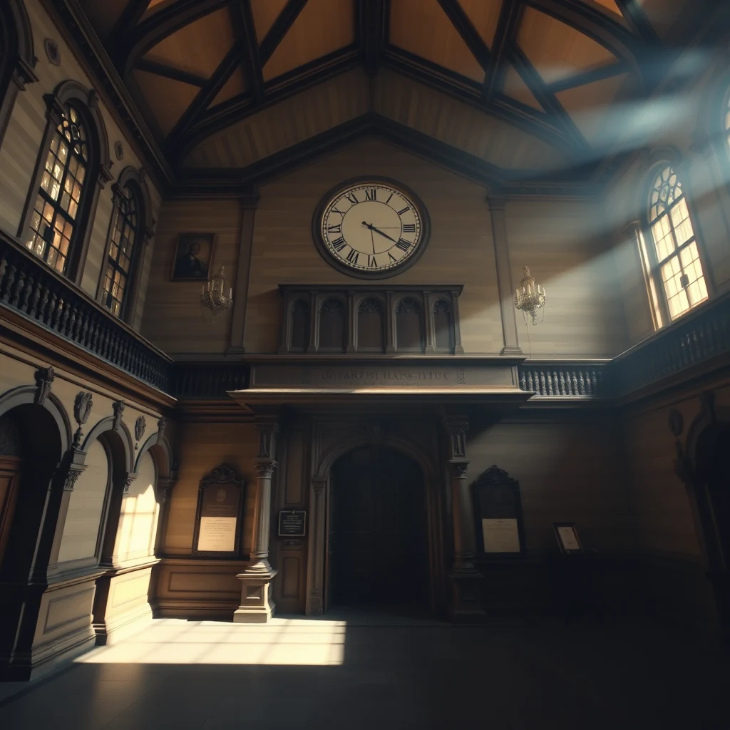 A grand interior features a large clock above an arched doorway, with ornate architectural details and chandeliers casting light through stained glass windows.
