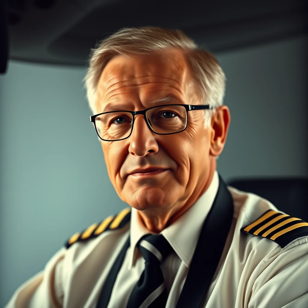 A senior airline captain wearing a white uniform with gold epaulets and a black tie, seated inside an aircraft cockpit.