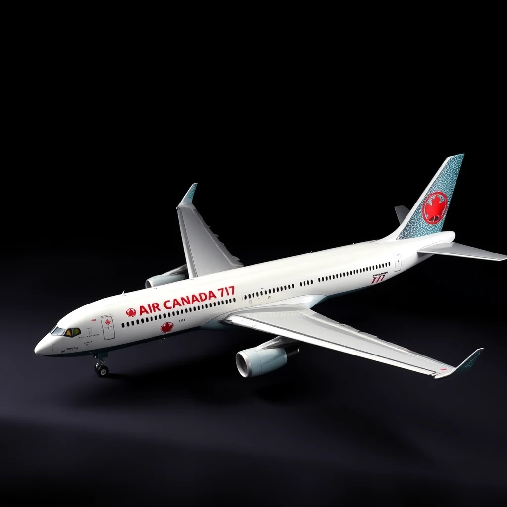 A white Air Canada Boeing 717 with red lettering and logos is displayed against a dark background, showcasing its sleek design and distinctive features.