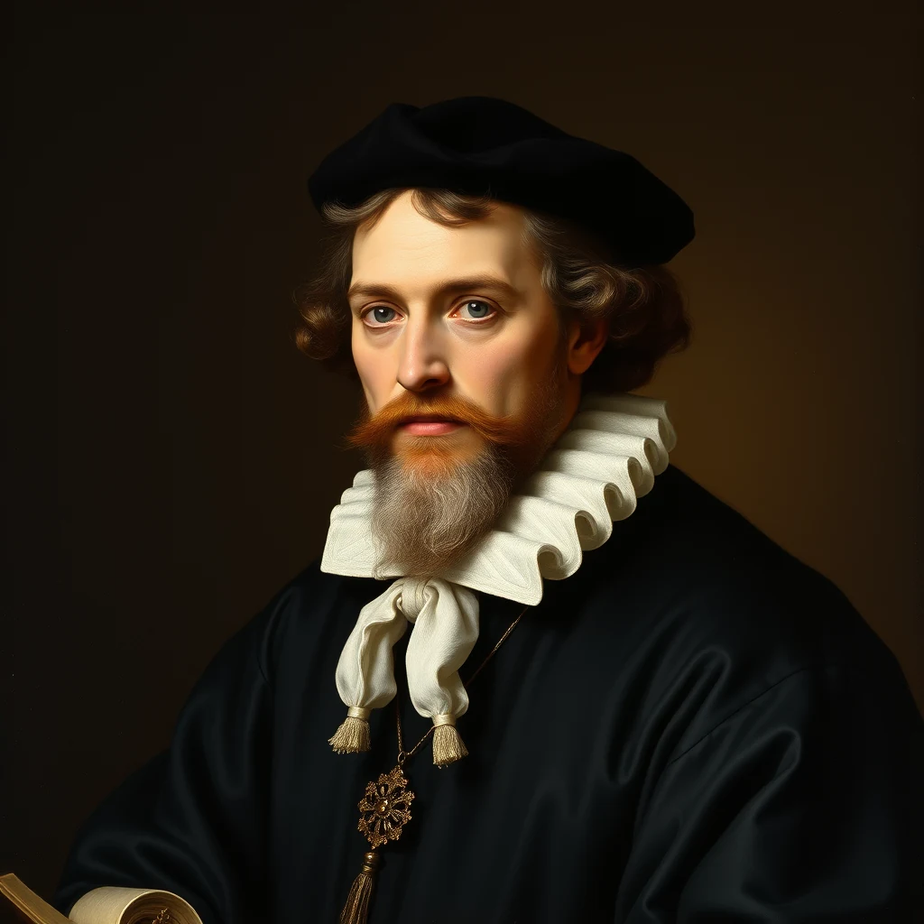A portrait depicts a man wearing a black beret, a white ruffled collar, and a dark robe adorned with a gold medallion, symbolizing his historical significance in mathematics and academia.