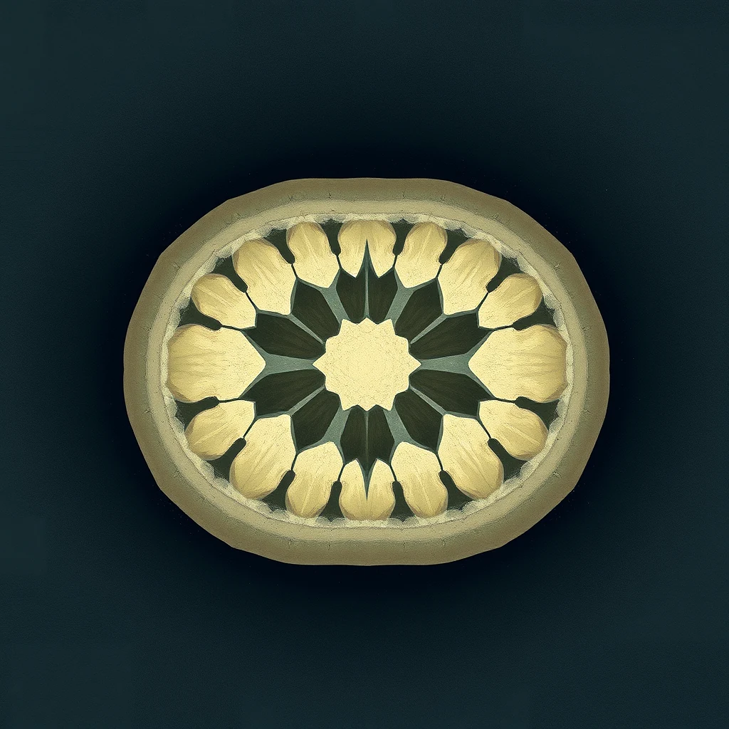 A cross-section of bone marrow displays a symmetrical pattern with light-colored, petal-like structures arranged around a dark center, resembling a flower.