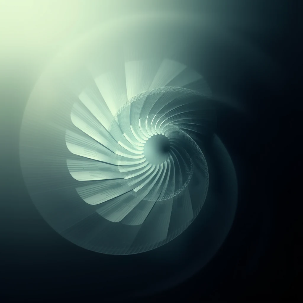 A helicoidal structure with thin, layered fibers arranged in a slow spiral, creating a complex, textured pattern against a dark background.