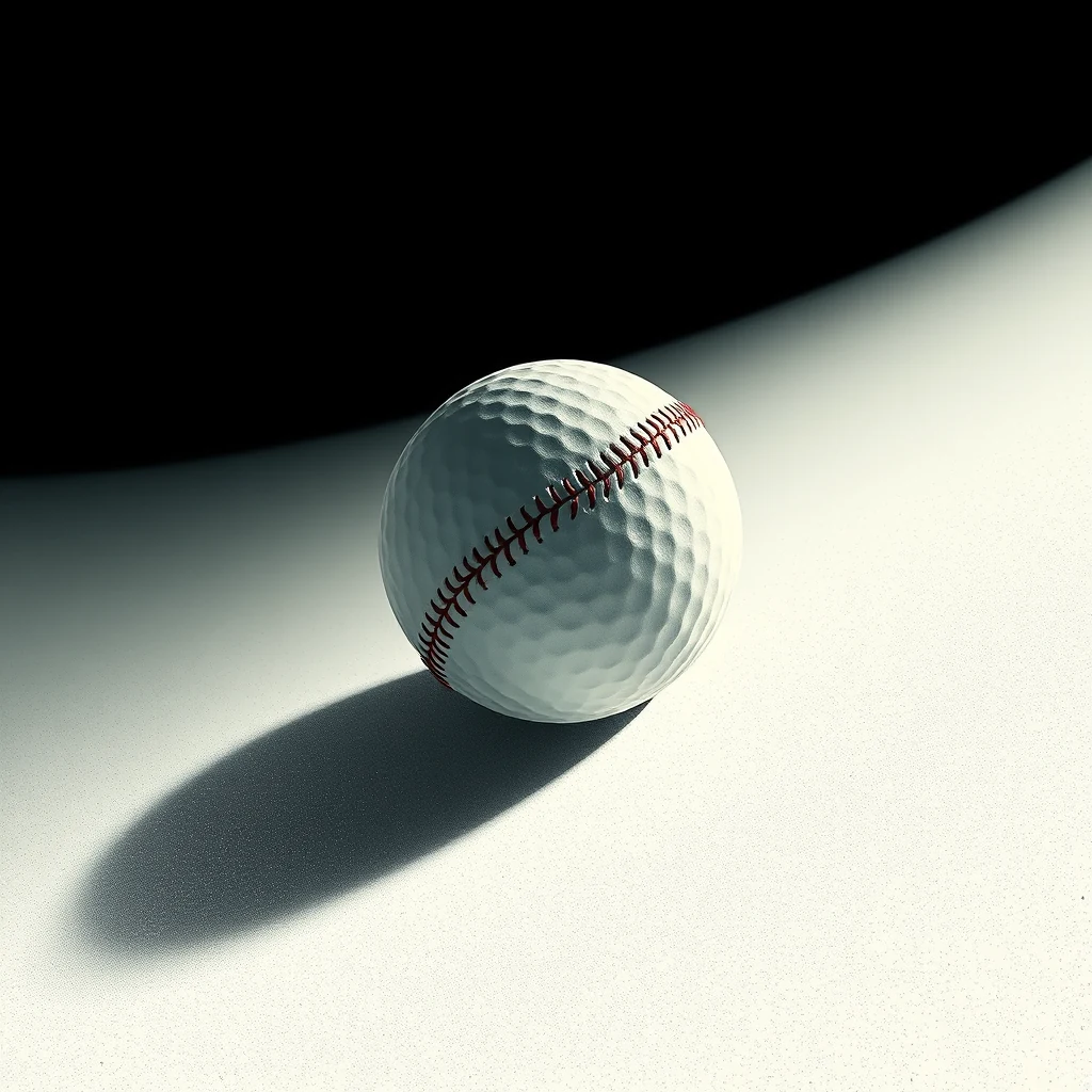 A baseball with dimpled surface casts a shadow on a light background, symbolizing the boundary layer concept in fluid mechanics.