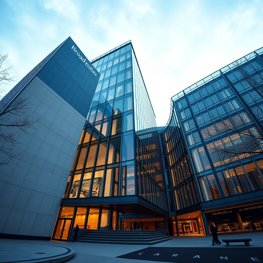 A modern glass building with the signage "Broad Institute" prominently displayed on its facade, illuminated by warm interior lights against a clear sky.