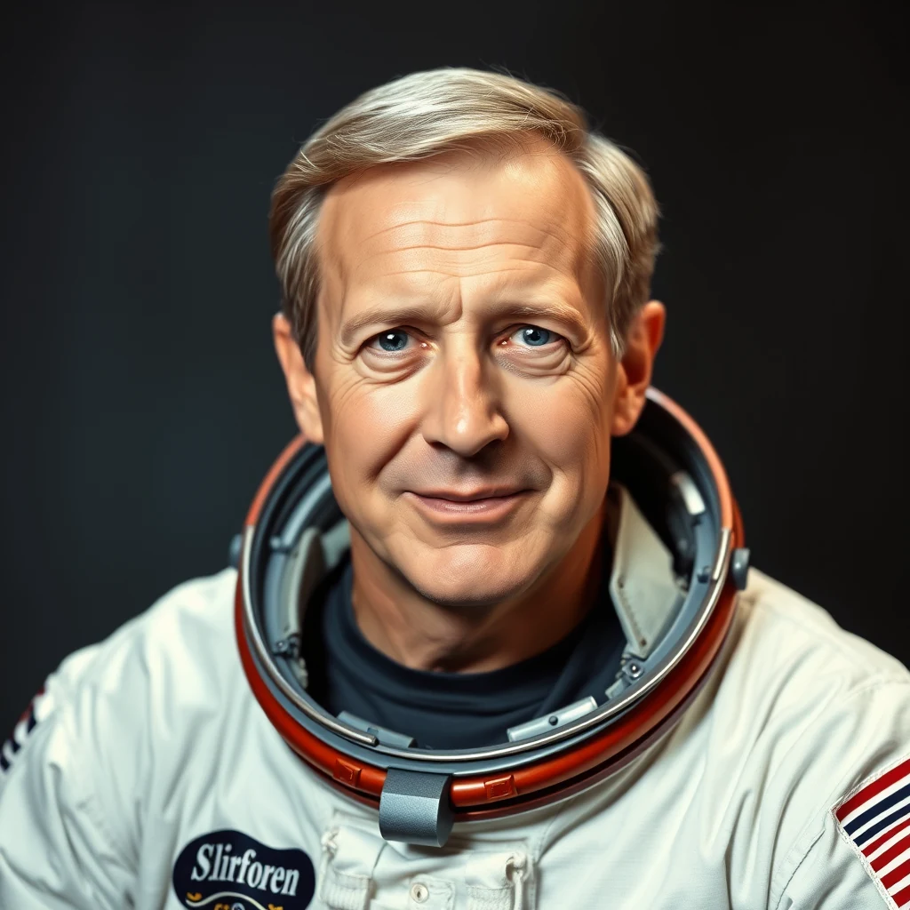 Buzz Aldrin, an American astronaut wearing a white space suit with a red and black helmet, stands against a dark background.