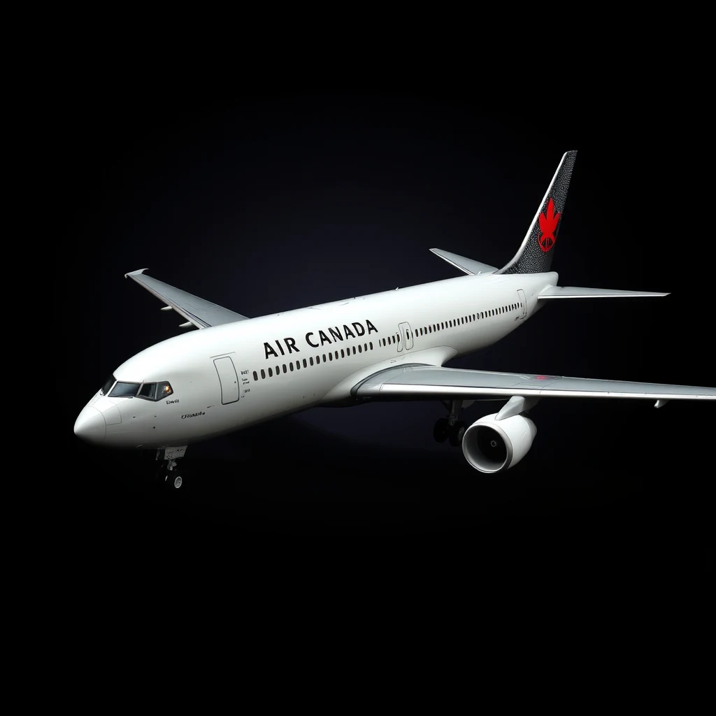 A white Air Canada Boeing 767-233 aircraft with the Canadian flag logo on its tail is shown against a dark background, highlighting its sleek design and the airline's branding.