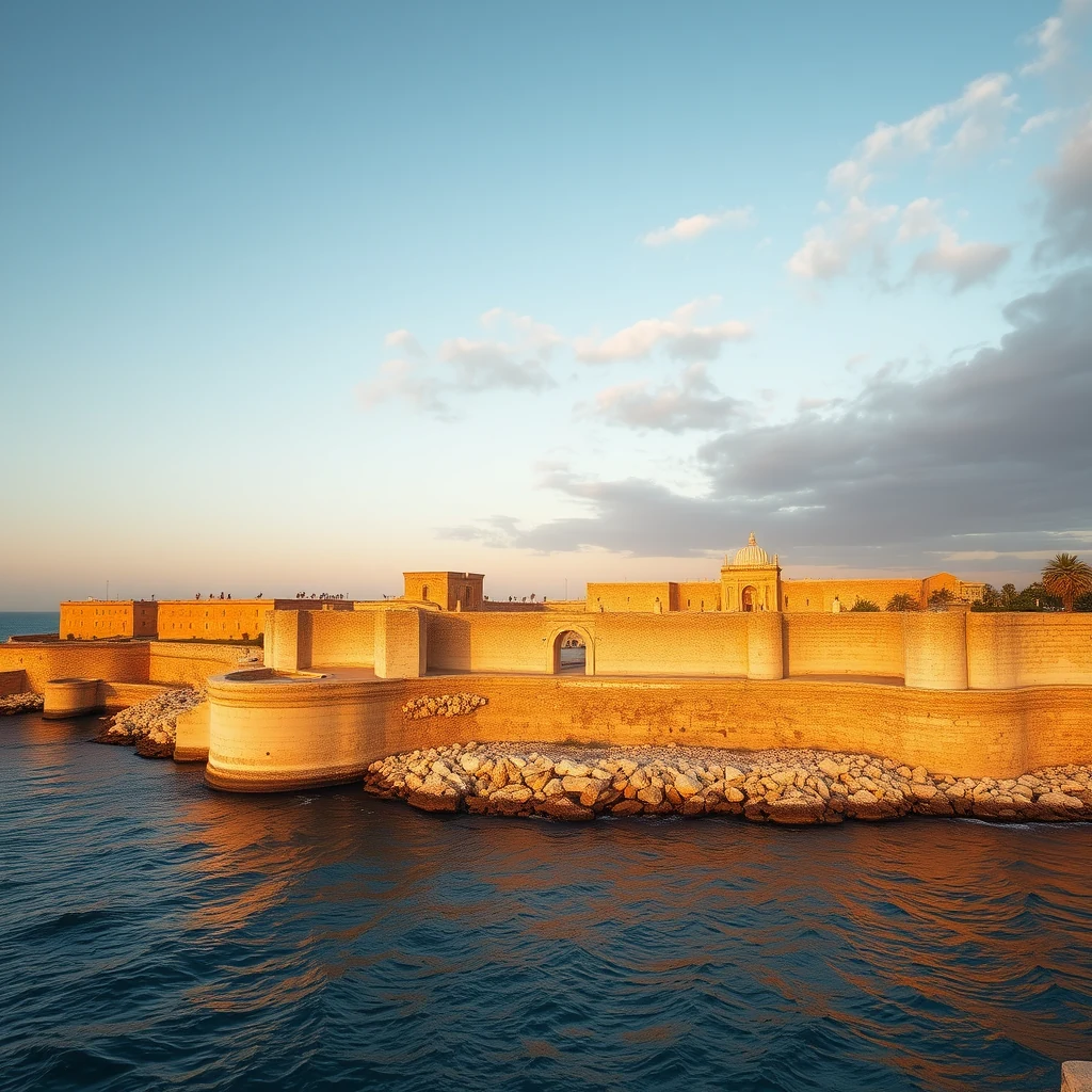 A historic fortification with stone walls and a dome stands prominently along the coastline, bathed in the warm glow of sunset, showcasing Herod the Great's deep-water port at Caesarea Maritima, built between roughly 22 and 10 BCE.