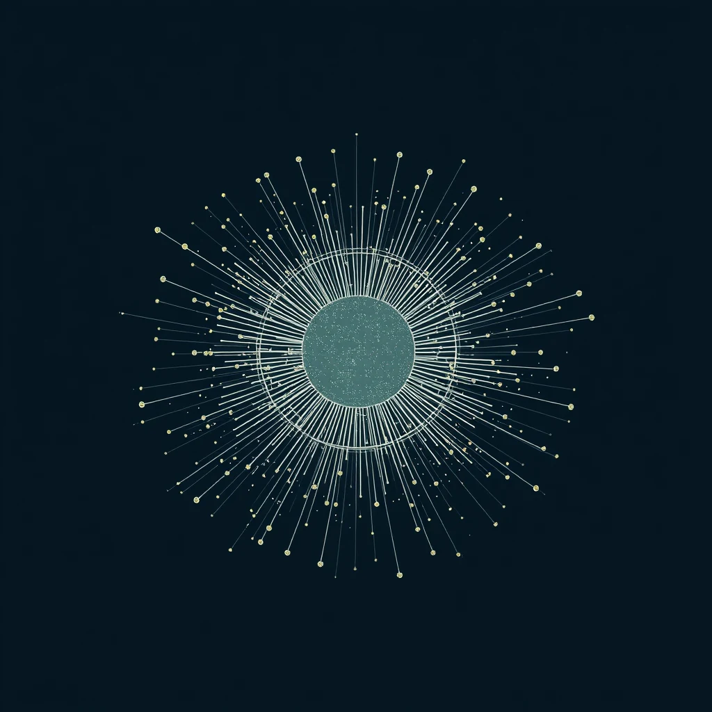 A circular design with radiating lines and small dots resembling a conceptual representation of the Caesium-133 atom's ground-state hyperfine transition.