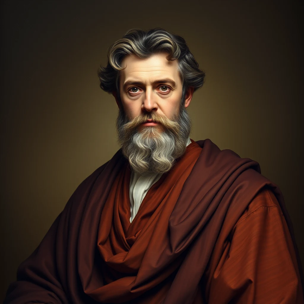 A portrait of a man with a long beard and curly hair, draped in a red robe, evokes the scholarly and intellectual atmosphere of ancient Greece.