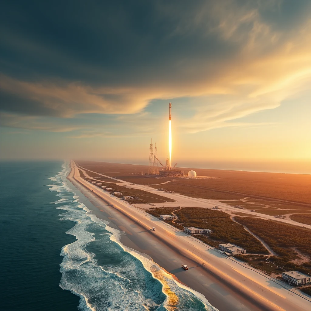 A rocket launches into the sky over Cape Canaveral, with its fiery exhaust illuminating the horizon, while the ocean waves gently lap against the sandy beach below.
