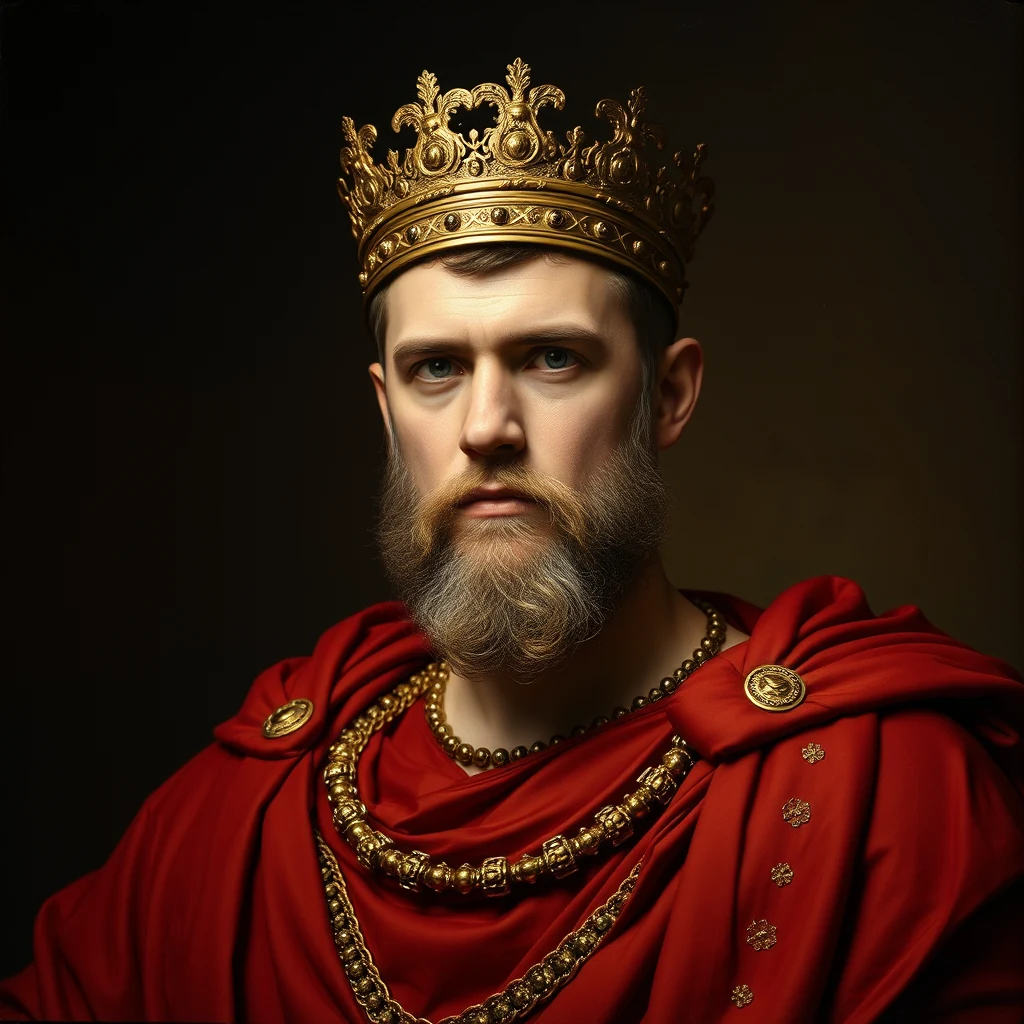 A man wearing a golden crown and a red robe adorned with gold chains and decorations, symbolizing royalty and power.