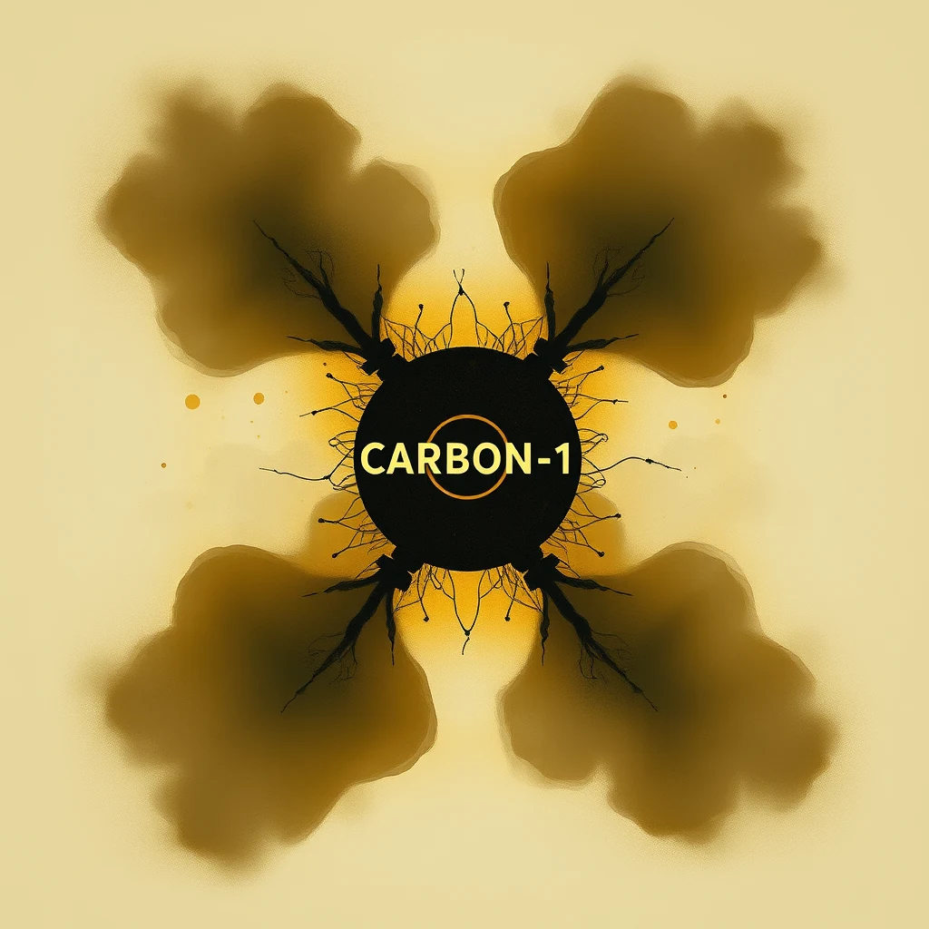 The image depicts a stylized representation of Carbon-14, featuring a central black circle with radiating lines and yellow accents, symbolizing its decay process.