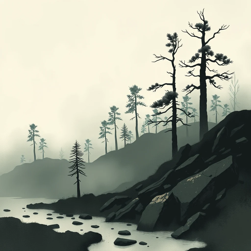 A misty forest scene with tall, silhouetted trees and rocky terrain, evoking the Carboniferous period's vast swamp forests where decaying organic matter was compressed over millennia.