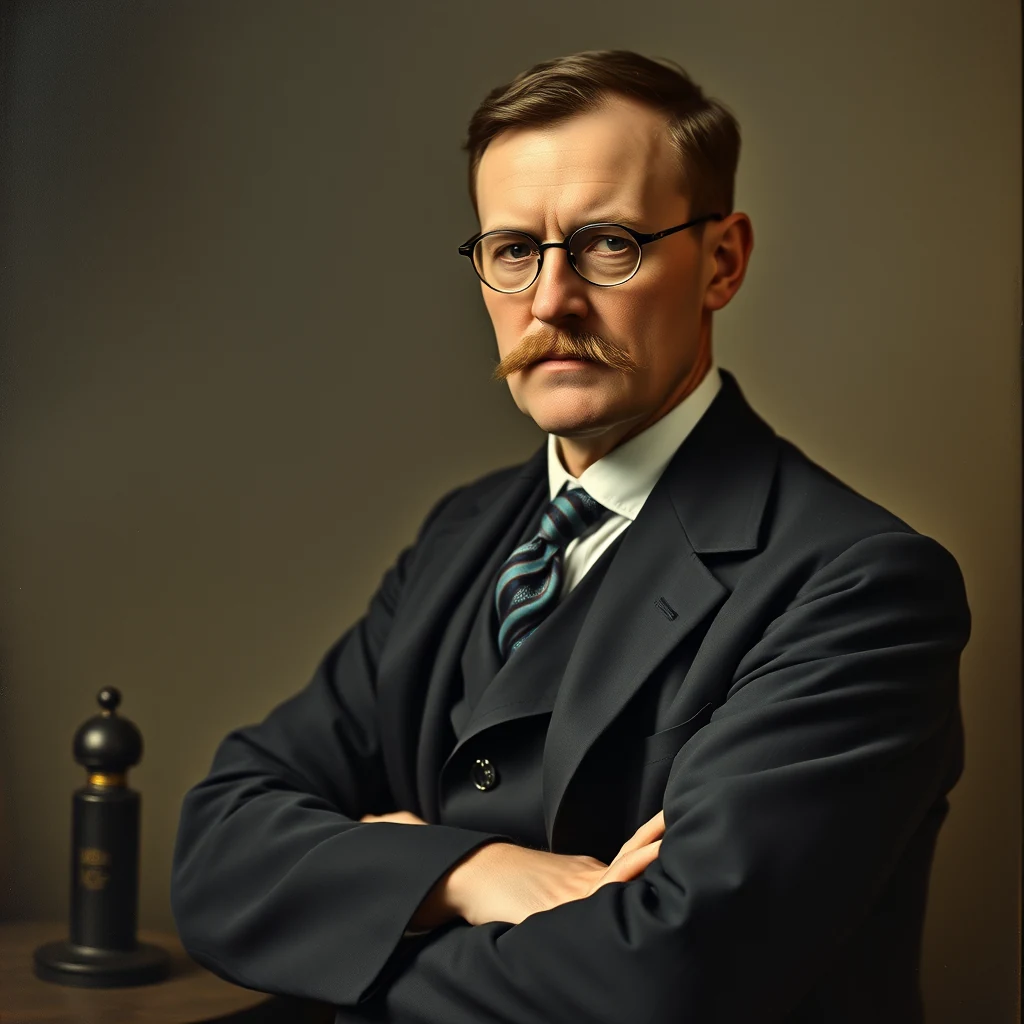 A man in a dark suit with a striped tie stands with his arms crossed, wearing round glasses and a mustache, against a neutral background.