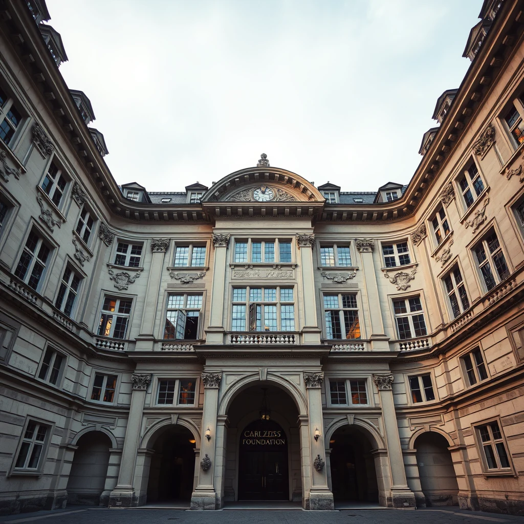 A grand, historic building with ornate architecture houses the Carl Zeiss Foundation, featuring arched entryways and detailed stonework under a clear sky.
