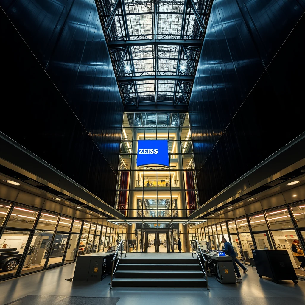 A modern, spacious interior with glass walls and a prominent blue sign reading "ZEISS" at the top, showcasing a sleek, industrial design typical of Carl Zeiss SMT's headquarters.