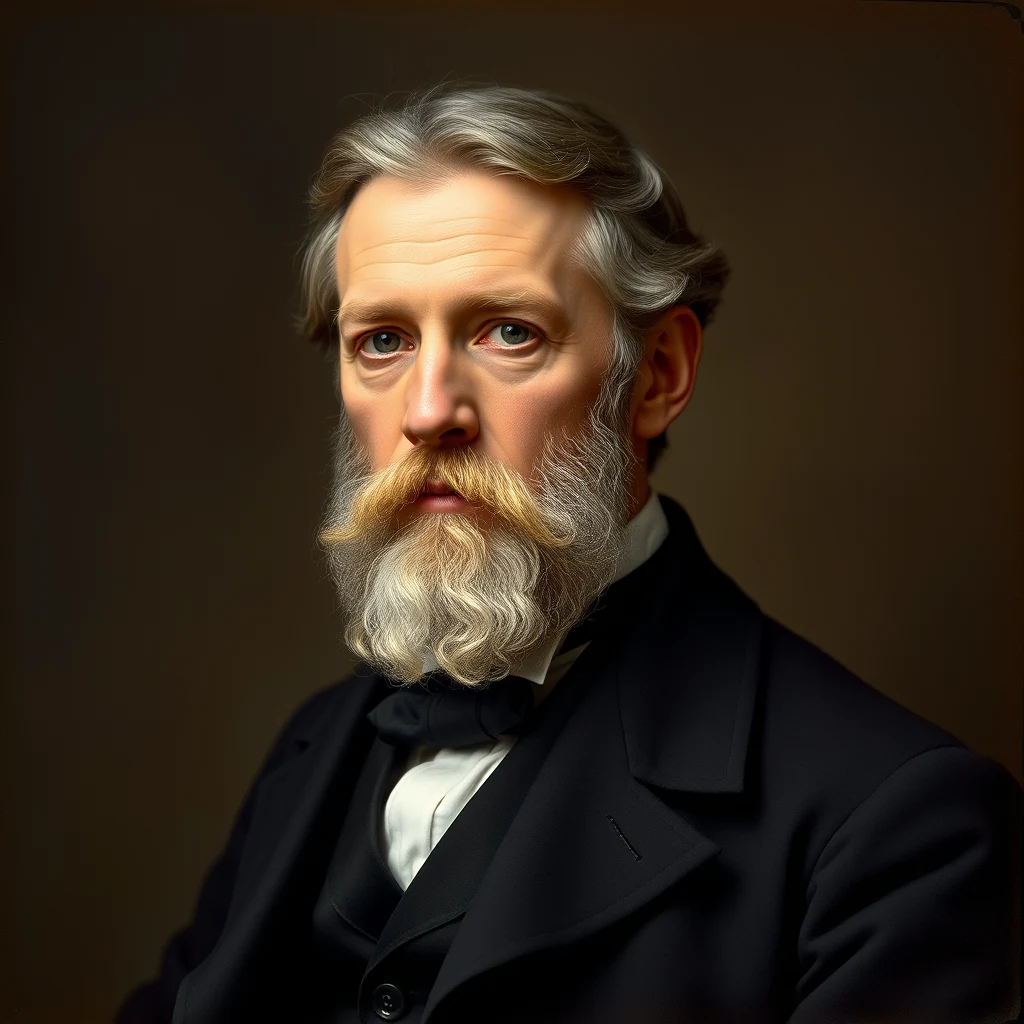 A portrait of Carl Zeiss, a German instrument maker, dressed in formal attire with a white beard and gray hair, set against a dark background.
