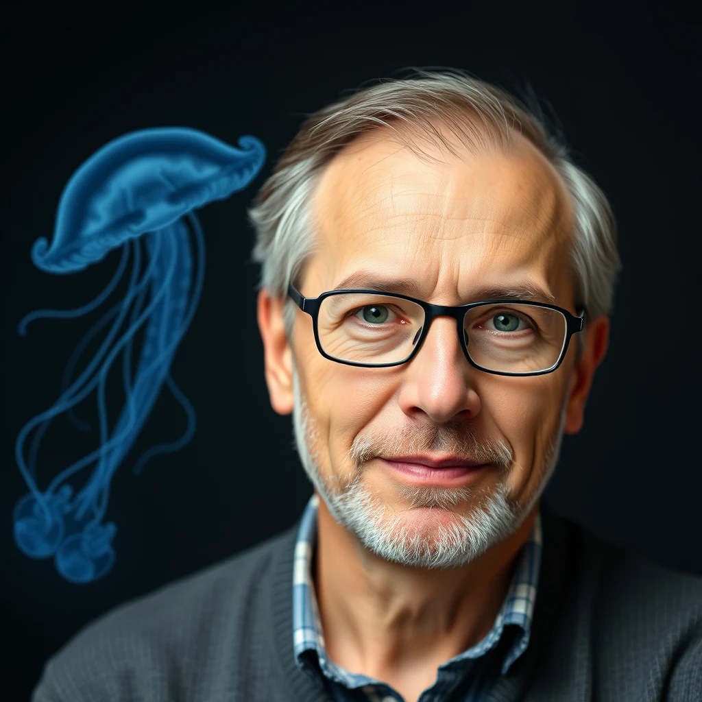 A man with glasses and a beard stands in front of a dark background, with a blue jellyfish illustration to his left.