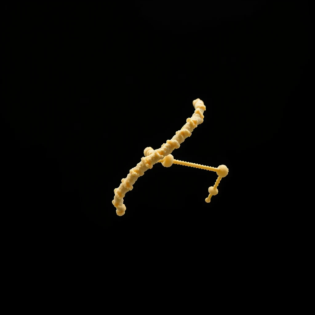 A yellow, textured object resembling a molecular structure with a long central rod and branching segments, likely representing the Cas9 enzyme.