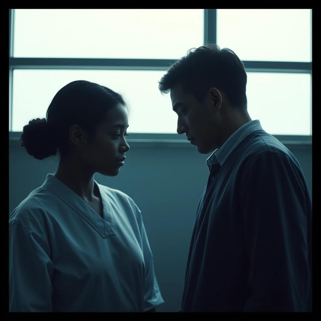 A woman in a light blue uniform stands beside a man in a dark shirt, both looking at each other with serious expressions against a backdrop of large windows.