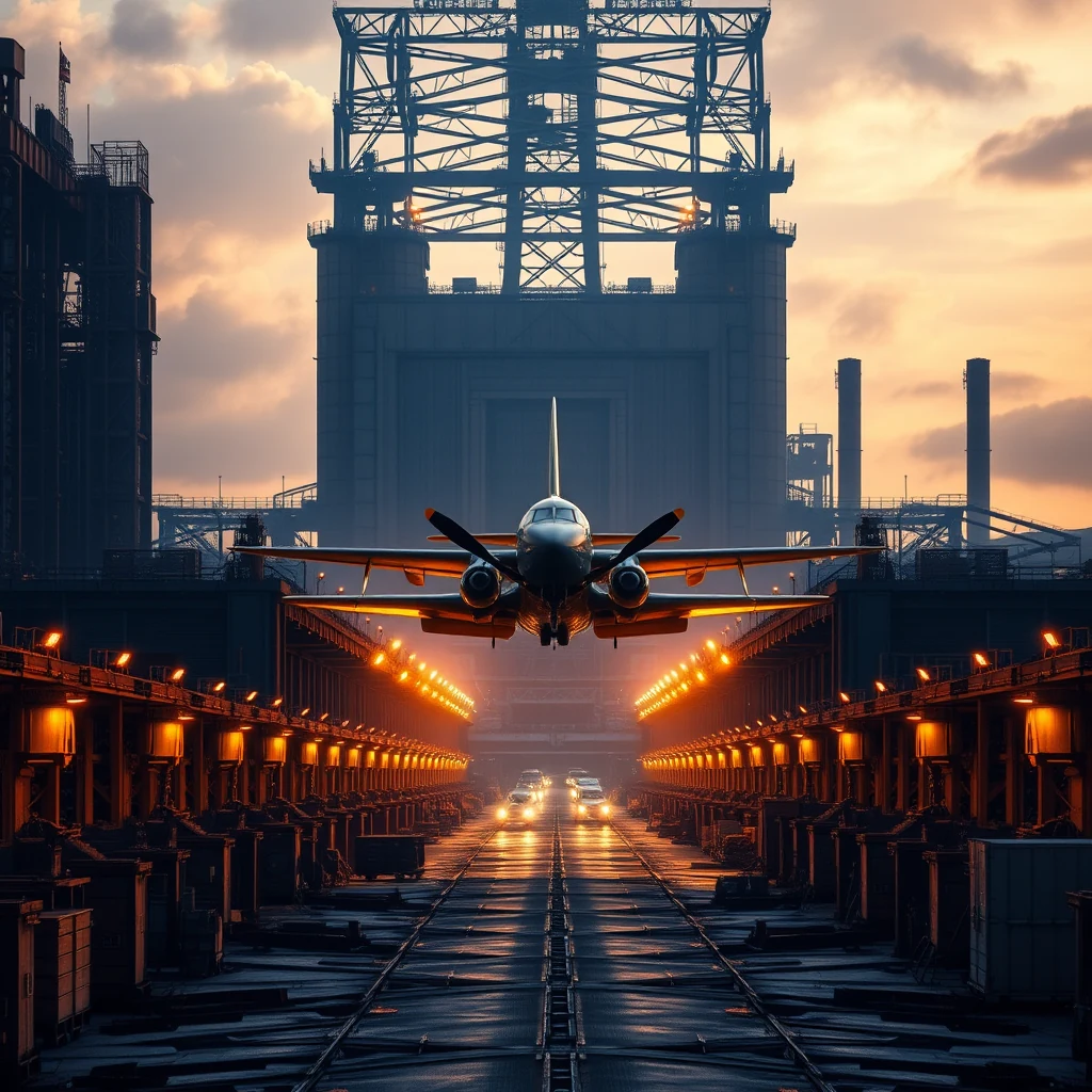 A propeller-driven aircraft takes off from a runway flanked by industrial structures at the Castle Bromwich Aircraft Factory, bathed in the warm glow of sunset.
