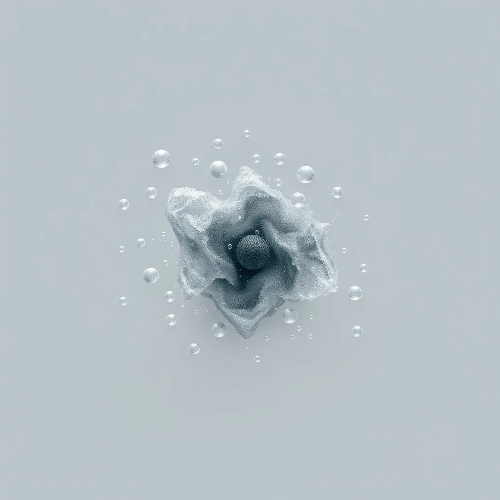 The image depicts a central dark sphere surrounded by a network of translucent, bubble-like structures, illustrating the concept of cavitation where vapor-filled bubbles form and collapse in a liquid under low-pressure conditions.