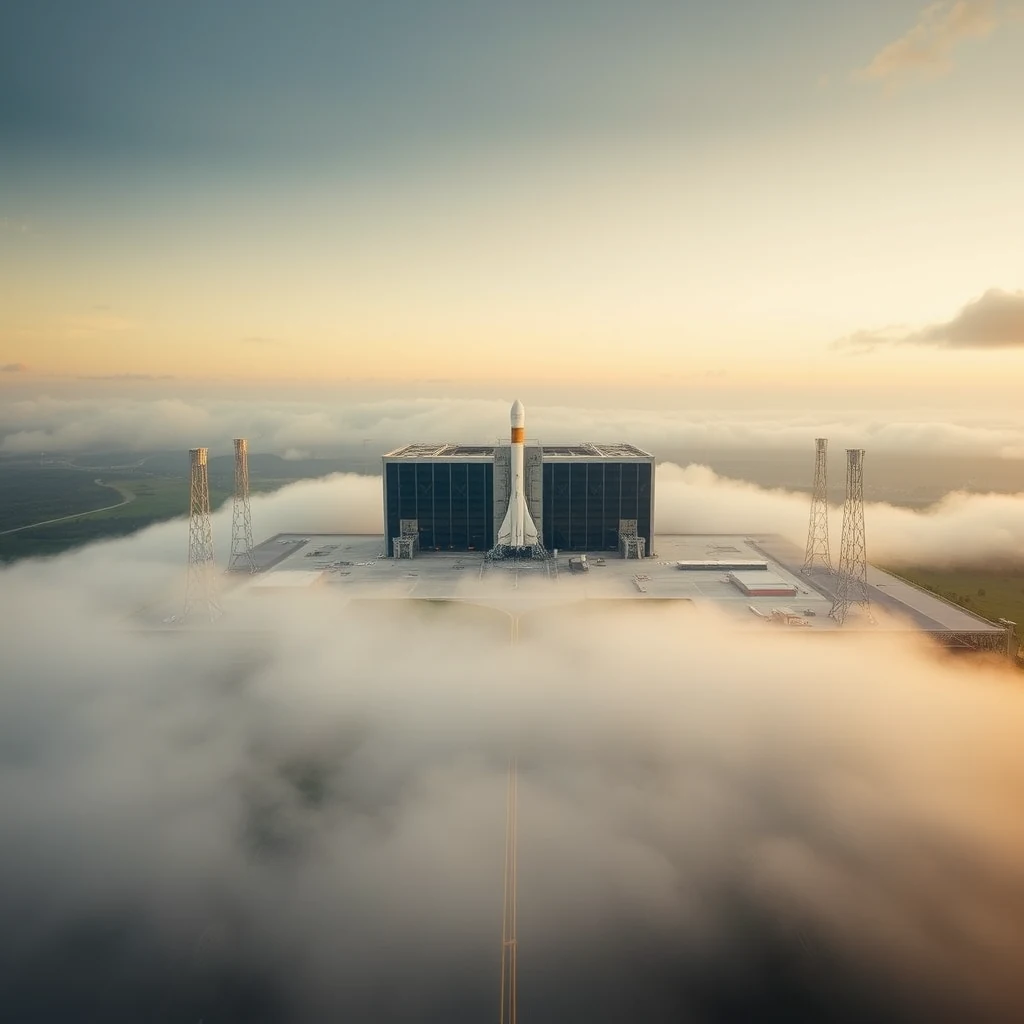 A rocket stands poised at the Centre Spatial Guyanais, surrounded by misty clouds, with the vast expanse of the Atlantic Ocean visible in the distance.