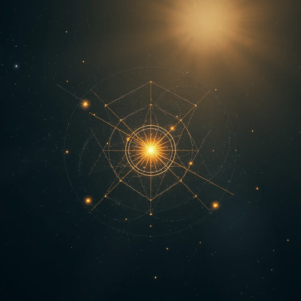 A glowing, intricate geometric pattern resembling a starburst, set against a dark, starry background, symbolizes the concept of Cepheid variable stars.