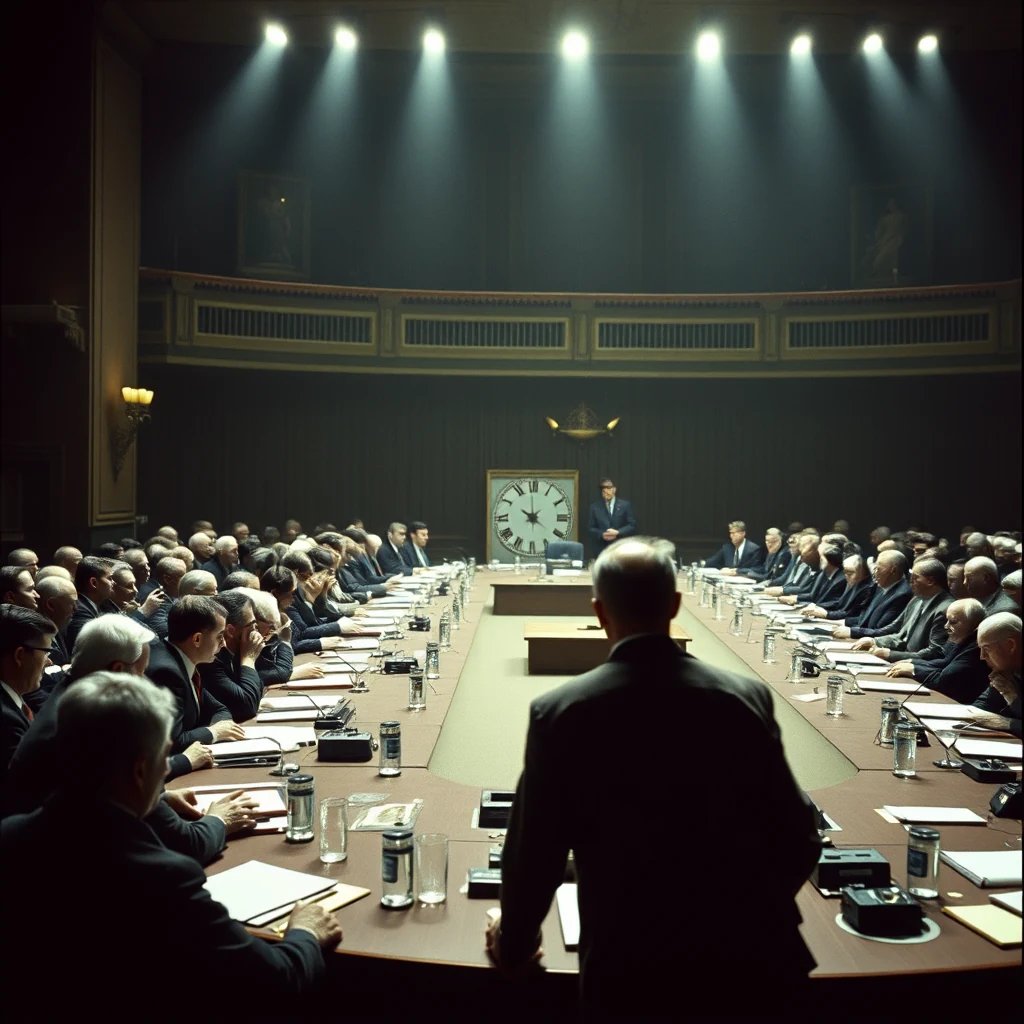A formal meeting room is depicted with attendees seated around a long table, facing a speaker at the head, under dramatic lighting and a large clock on the wall, symbolizing precision and timekeeping.