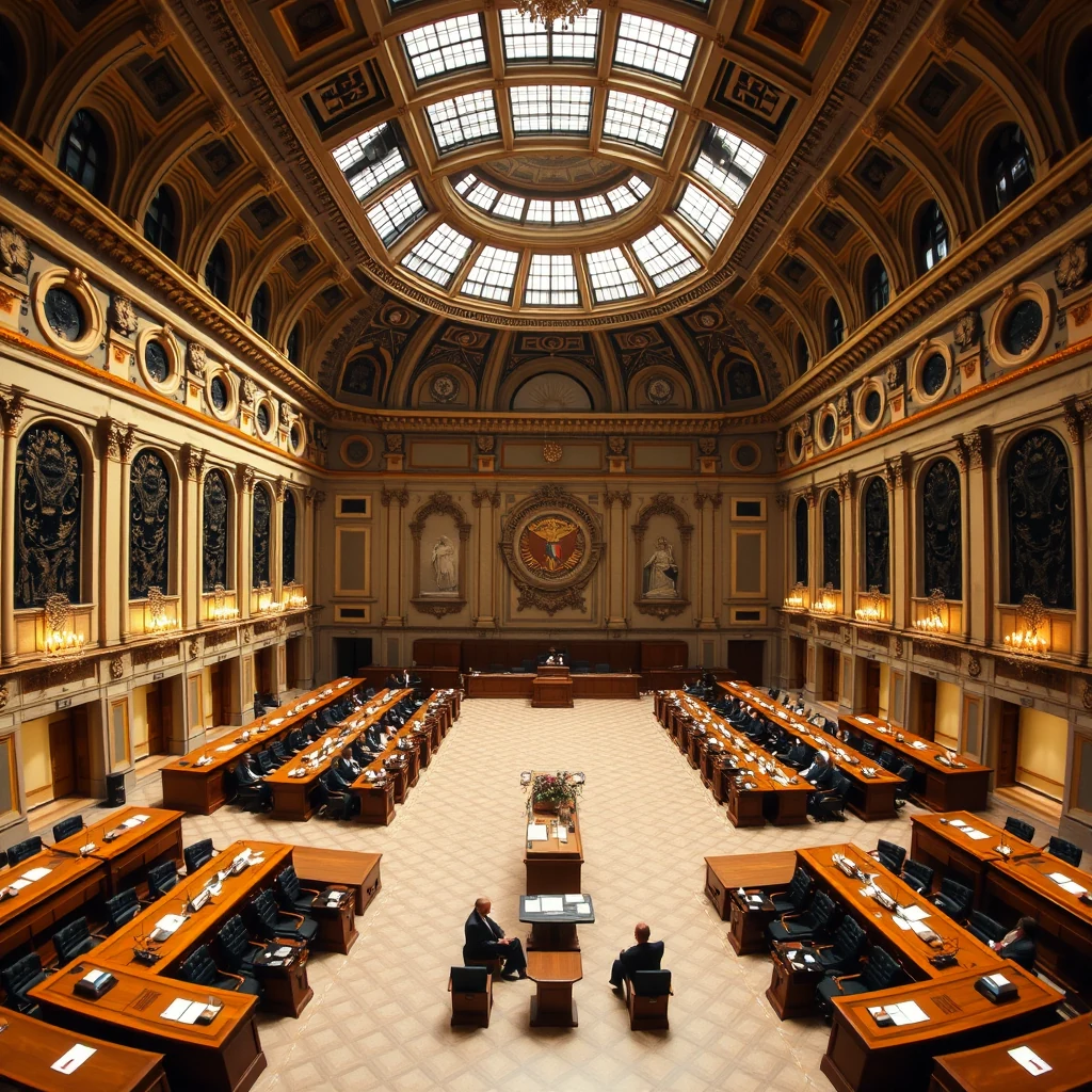 A grand, ornate conference room with a high domed ceiling and multiple rows of desks, likely used for the General Conference on Weights and Measures, featuring intricate architectural details and a central podium.