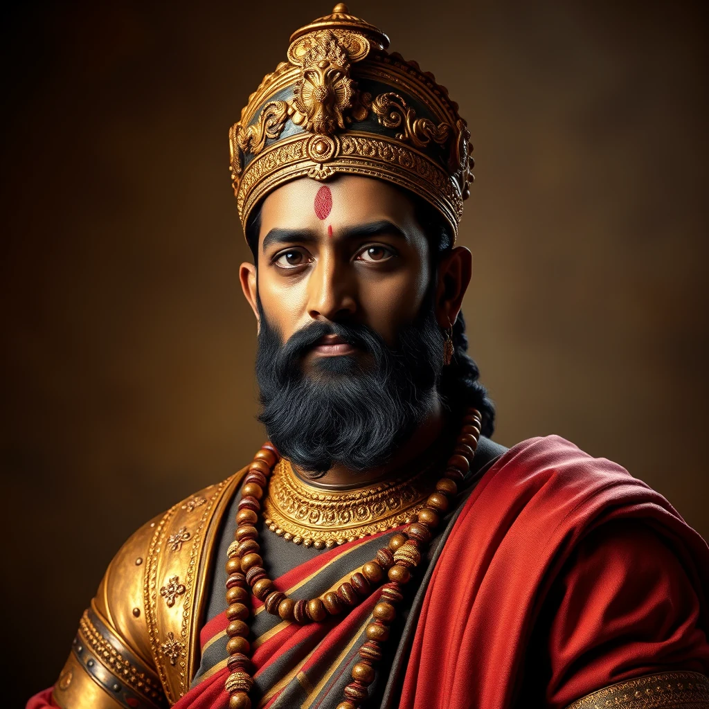A portrait of Chandragupta II, a Gupta emperor wearing ornate golden armor and a crown, with a red bindi on his forehead and a red garment draped over his shoulder.