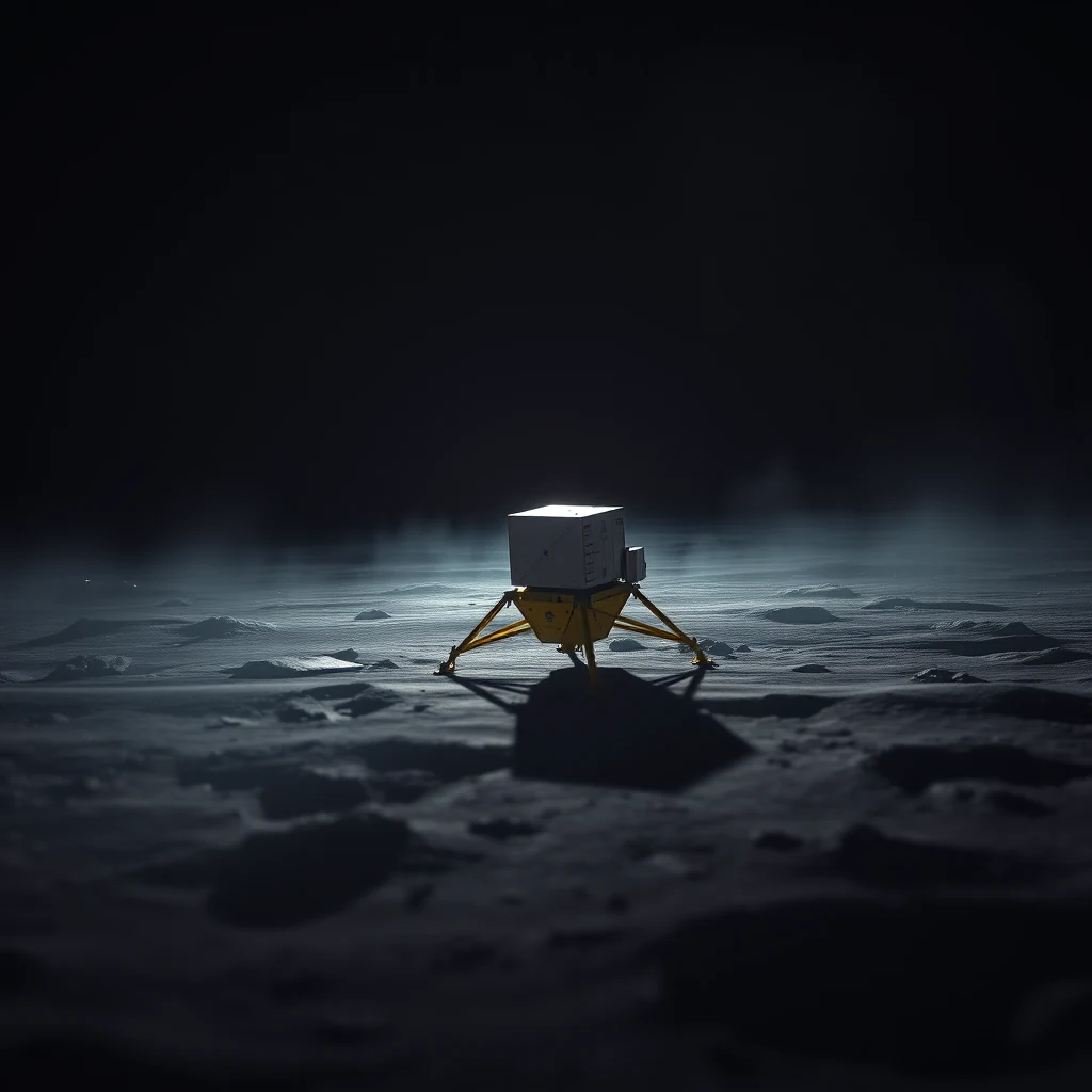 A Chandrayaan-3 lander stands on the moon's surface, illuminated by a distant light source, showcasing its yellow legs and white box-like structure.