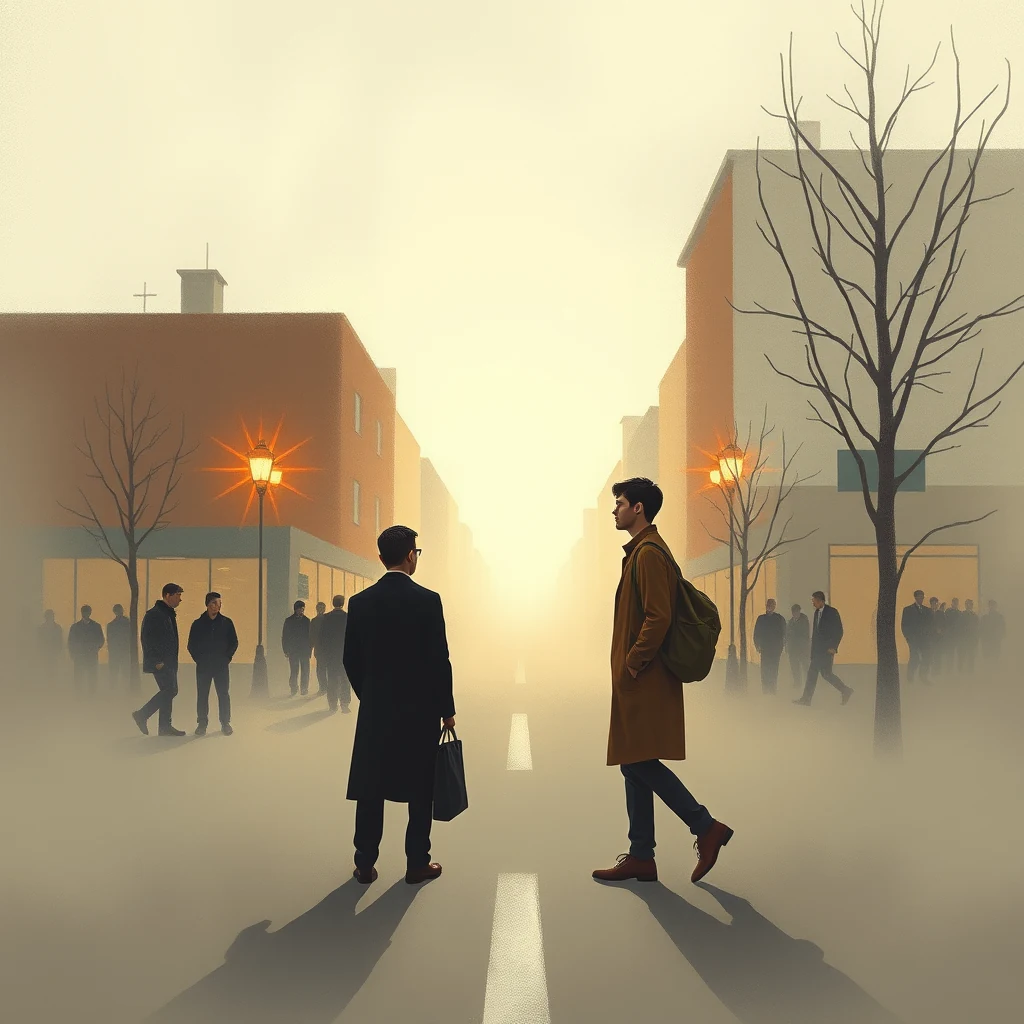 Two individuals stand facing each other on a foggy street, with one person holding a briefcase and the other carrying a backpack, illustrating the concept of change blindness where subtle differences might go unnoticed.
