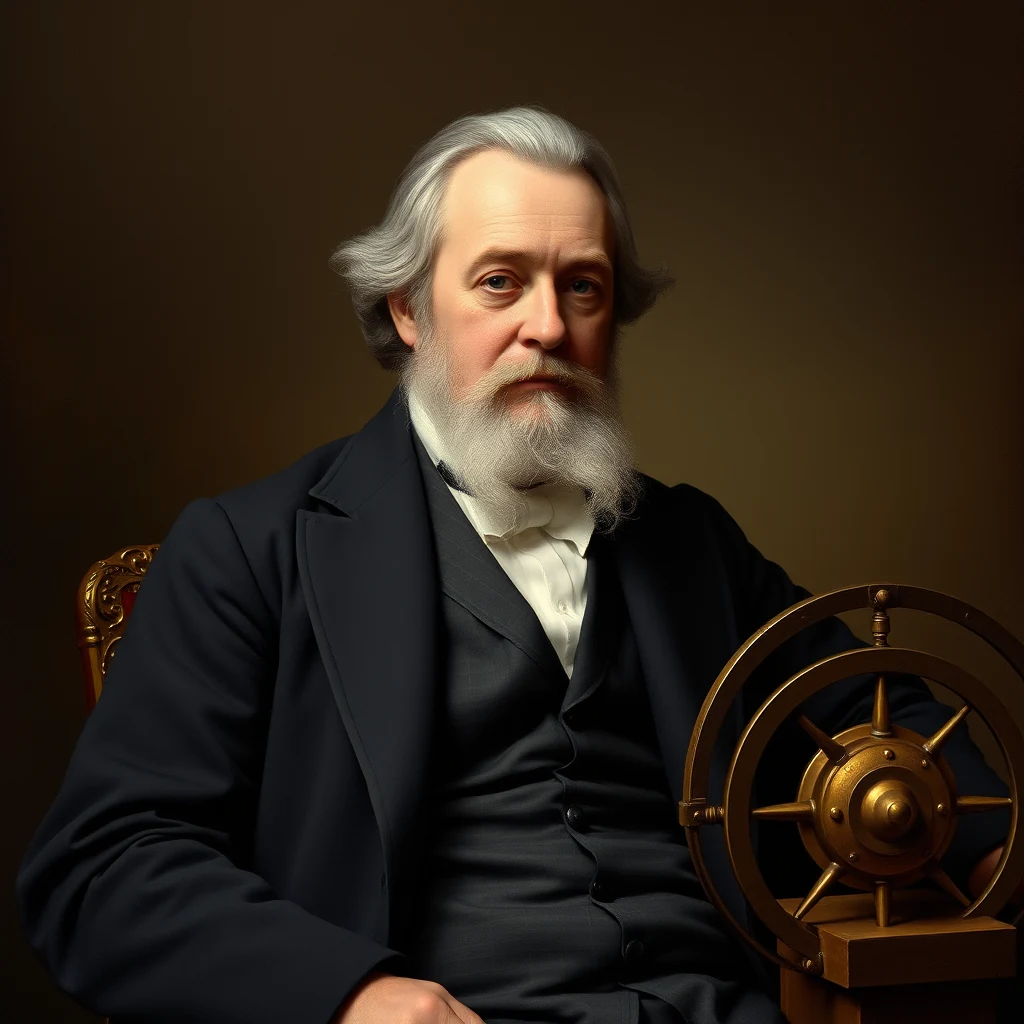 Charles Babbage, an English mathematician from 1791 to 1871, is depicted in formal attire with a gold mechanical device beside him, symbolizing his contributions to early computing.