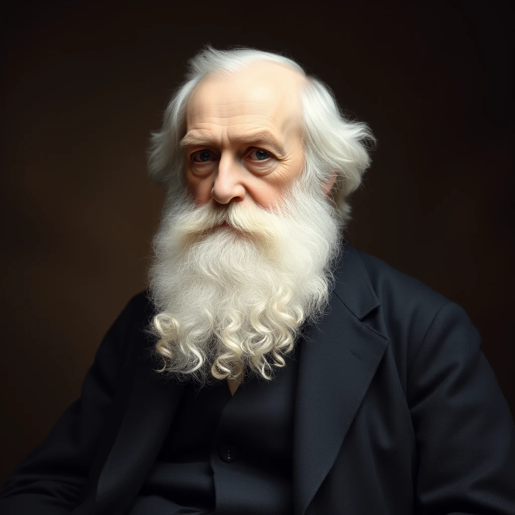A portrait of an elderly man with white hair and a long white beard, dressed in formal attire, set against a dark background.