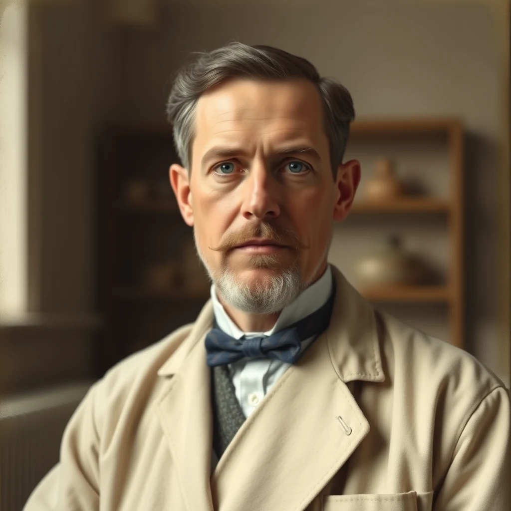 A man with gray hair and a mustache wearing a light-colored coat over a white shirt and blue bow tie stands in a softly lit room with shelves in the background.